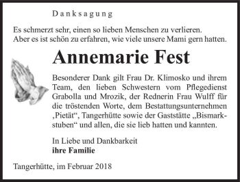 Traueranzeige von Annemarie Fest  von Magdeburger Volksstimme