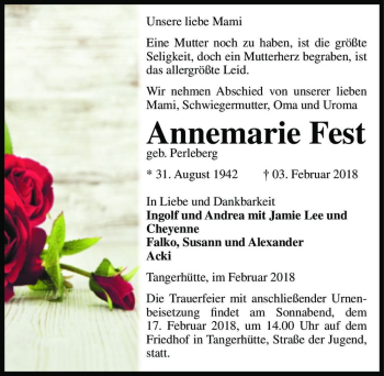 Traueranzeige von Annemarie Fest (geb. Perleberg)  von Magdeburger Volksstimme