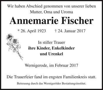 Traueranzeige von Annemarie Fischer  von Magdeburger Volksstimme