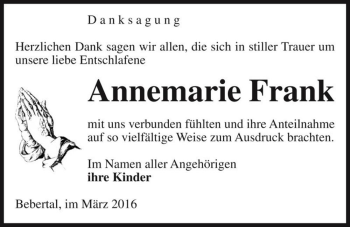 Traueranzeige von Annemarie Frank  von Magdeburger Volksstimme