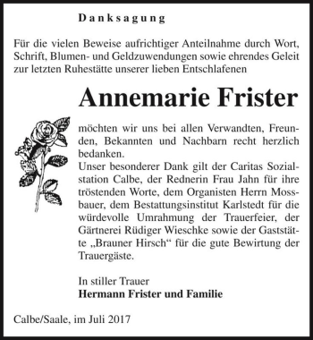 Traueranzeige von Annemarie Frister  von Magdeburger Volksstimme