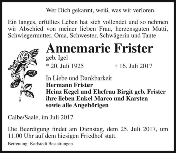 Traueranzeige von Annemarie Frister (geb. Igel)  von Magdeburger Volksstimme