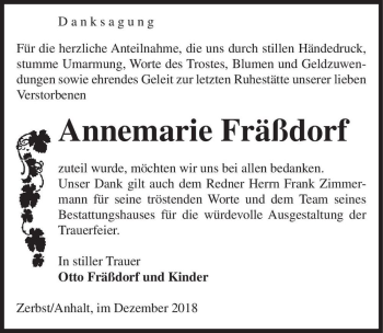 Traueranzeige von Annemarie Fräßdorf  von Magdeburger Volksstimme