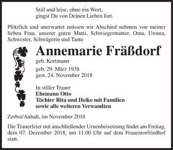 Traueranzeige von Annemarie Fräßdorf (geb. Kortmann)  von Magdeburger Volksstimme