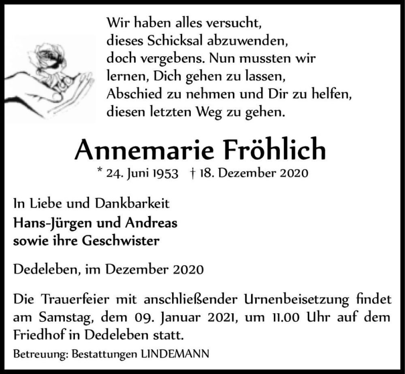  Traueranzeige für Annemarie Fröhlich  vom 24.12.2020 aus Magdeburger Volksstimme