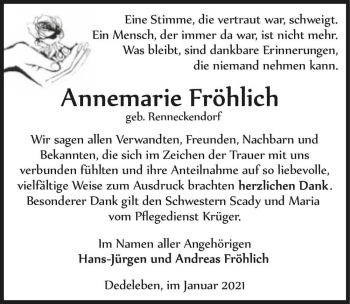 Traueranzeige von Annemarie Fröhlich (geb. Renneckendorf)  von Magdeburger Volksstimme