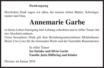 Traueranzeige von Annemarie Garbe  von Magdeburger Volksstimme