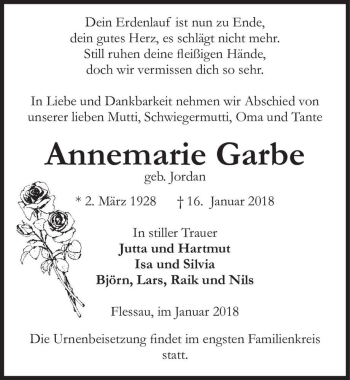 Traueranzeige von Annemarie Garbe (geb. Jordan)  von Magdeburger Volksstimme