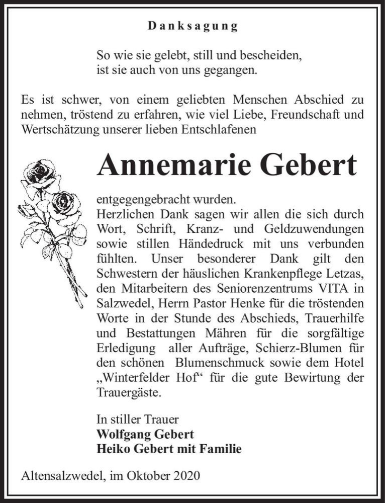  Traueranzeige für Annemarie Gebert  vom 05.11.2020 aus Magdeburger Volksstimme