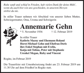 Traueranzeige von Annemarie Gehn  von Magdeburger Volksstimme