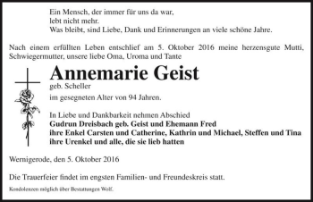 Traueranzeige von Annemarie Geist (geb. Scheller)  von Magdeburger Volksstimme