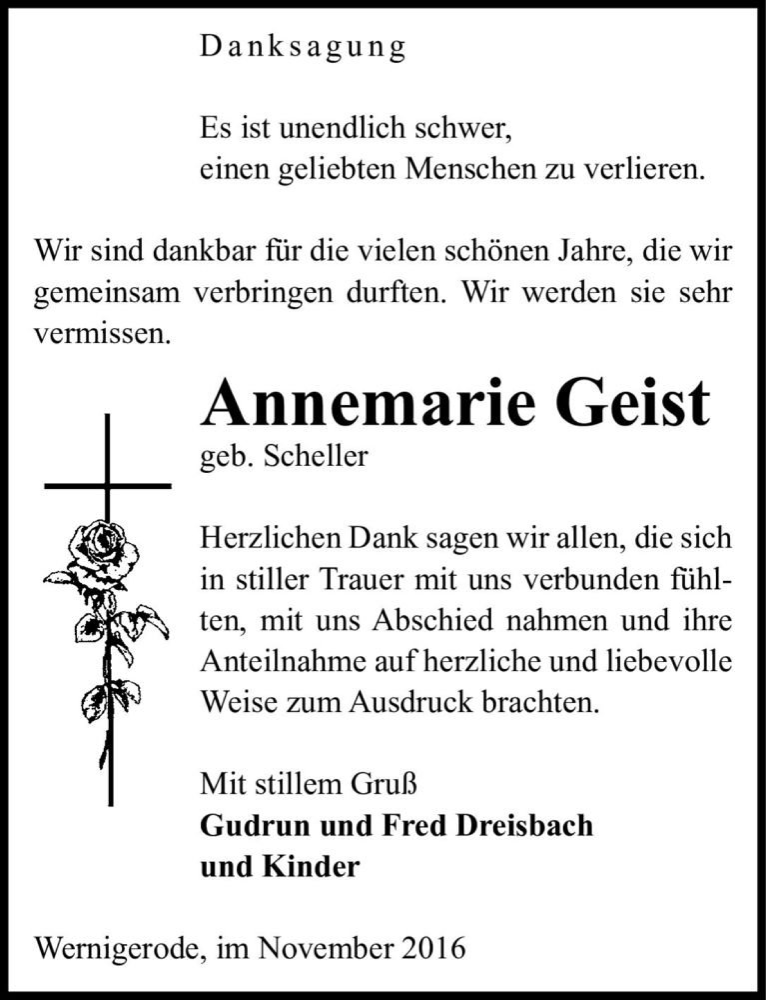  Traueranzeige für Annemarie Geist (geb. Scheller)  vom 04.11.2016 aus Magdeburger Volksstimme