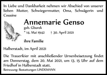Traueranzeige von Annemarie Genso (geb. Gburek)  von Magdeburger Volksstimme