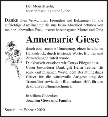 Traueranzeige von Annemarie Giese  von Magdeburger Volksstimme
