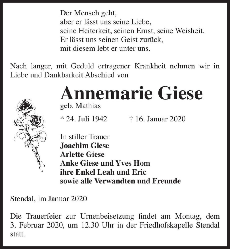 Traueranzeige für Annemarie Giese (geb. Mathias)  vom 25.01.2020 aus Magdeburger Volksstimme