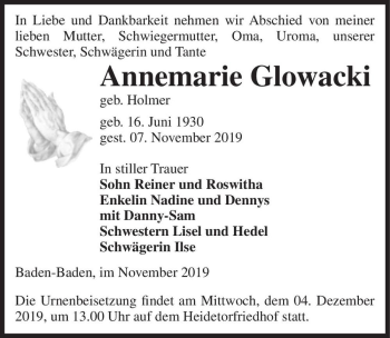 Traueranzeige von Annemarie Glowacki (geb. Holmer)  von Magdeburger Volksstimme