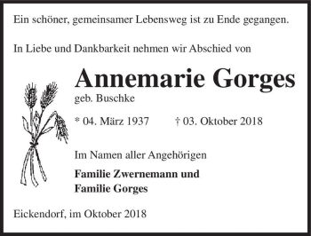 Traueranzeige von Annemarie Gorges (geb. Buschke)  von Magdeburger Volksstimme