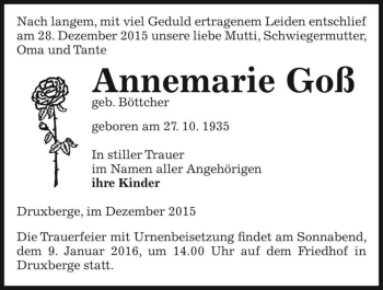 Traueranzeige von Annemarie Goß (geb. Böttcher)  von Magdeburger Volksstimme