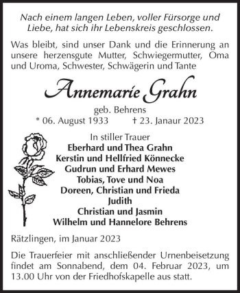 Traueranzeige von Annemarie Grahn (geb. Behrens)  von Magdeburger Volksstimme