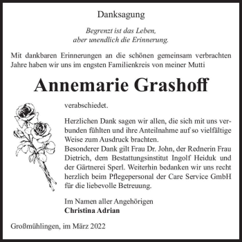 Traueranzeige von Annemarie Grashoff  von Magdeburger Volksstimme