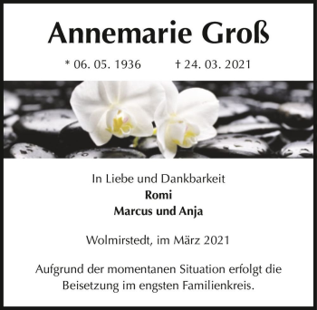 Traueranzeige von Annemarie Groß  von Magdeburger Volksstimme