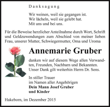 Traueranzeige von Annemarie Gruber  von Magdeburger Volksstimme