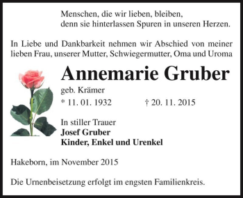 Traueranzeige von Annemarie Gruber (geb. Krämer)  von Magdeburger Volksstimme