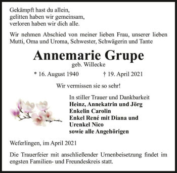 Traueranzeige von Annemarie Grupe (geb. Willecke)  von Magdeburger Volksstimme