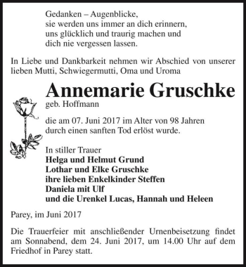 Traueranzeige von Annemarie Gruschke (geb. Hoffmann)  von Magdeburger Volksstimme