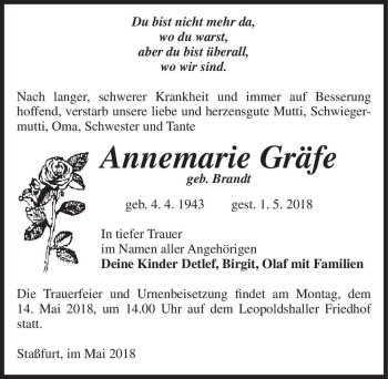 Traueranzeige von Annemarie Gräfe (geb. Brandt)  von Magdeburger Volksstimme