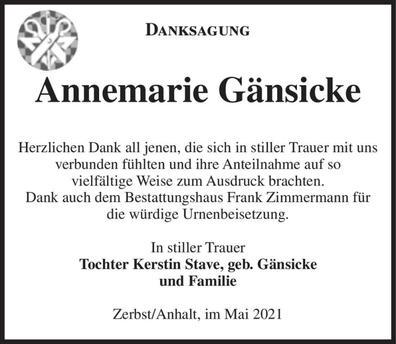  Traueranzeige für Annemarie Gänsicke  vom 15.05.2021 aus Magdeburger Volksstimme