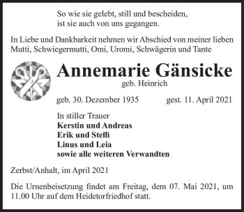 Traueranzeige von Annemarie Gänsicke (geb. Heinrich)  von Magdeburger Volksstimme