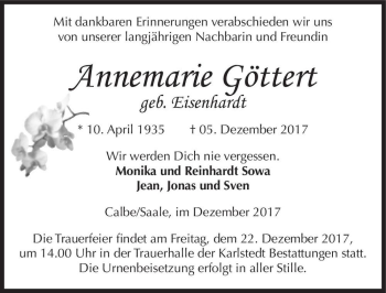 Traueranzeige von Annemarie Göttert (geb. Eisenhardt)  von Magdeburger Volksstimme