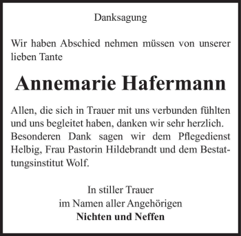 Traueranzeige von Annemarie Hafermann  von Magdeburger Volksstimme