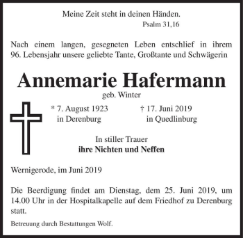 Traueranzeige von Annemarie Hafermann (geb. Winter)  von Magdeburger Volksstimme