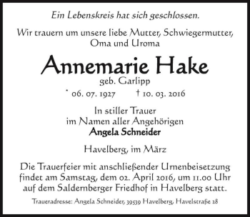 Traueranzeige von Annemarie Hake (geb. Garlipp)  von Magdeburger Volksstimme