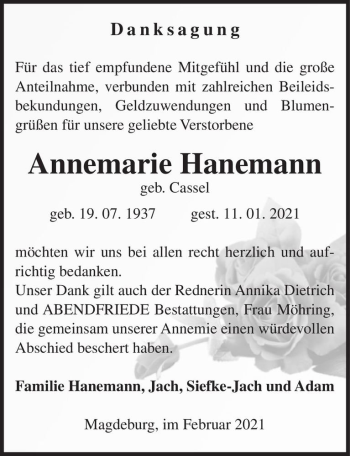 Traueranzeige von Annemarie Hanemann (geb. Cassel)  von Magdeburger Volksstimme
