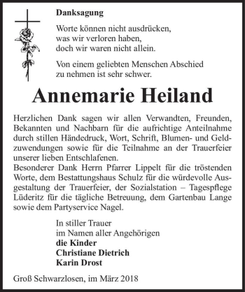 Traueranzeige von Annemarie Heiland  von Magdeburger Volksstimme