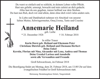 Traueranzeige von Annemarie Heiland (geb. Luthe)  von Magdeburger Volksstimme