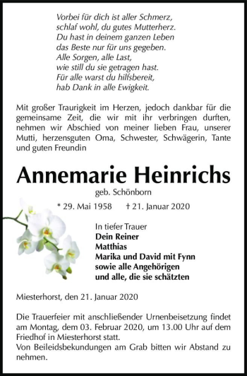 Traueranzeige von Annemarie Heinrichs (geb. Schönborn)  von Magdeburger Volksstimme