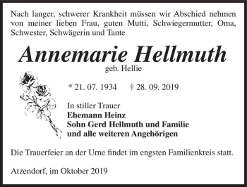 Traueranzeige von Annemarie Hellmuth (geb. Hellie)  von Magdeburger Volksstimme