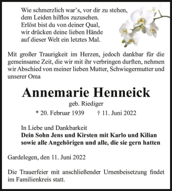 Traueranzeige von Annemarie Henneick (geb. Riediger)  von Magdeburger Volksstimme