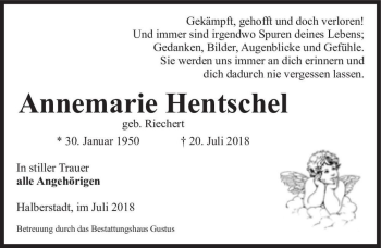 Traueranzeige von Annemarie Hentschel (geb. Riechert)  von Magdeburger Volksstimme