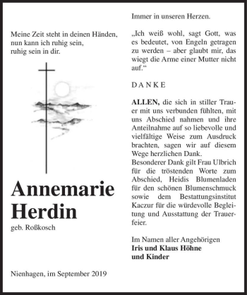 Traueranzeige von Annemarie Herdin (geb. Roßkosch)  von Magdeburger Volksstimme