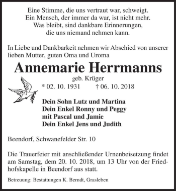 Traueranzeige von Annemarie Herrmanns (geb. Krüger)  von Magdeburger Volksstimme