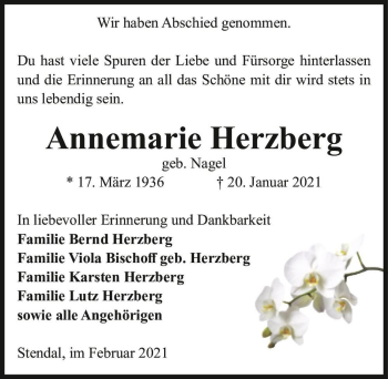 Traueranzeige von Annemarie Herzberg (geb. Nagel)  von Magdeburger Volksstimme