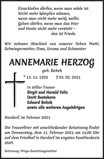 Traueranzeige von Annemarie Herzog (geb. Bobek)  von Magdeburger Volksstimme