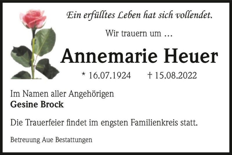  Traueranzeige für Annemarie Heuer  vom 20.08.2022 aus Magdeburger Volksstimme