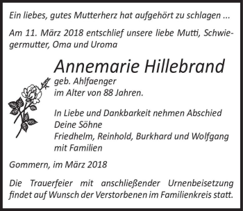Traueranzeige von Annemarie Hillebrand (geb. Ahlfaenger)  von Magdeburger Volksstimme