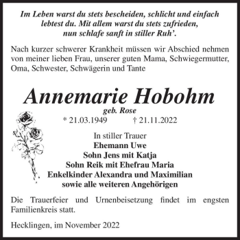Traueranzeige von Annemarie Hobohm (geb. Rose)  von Magdeburger Volksstimme